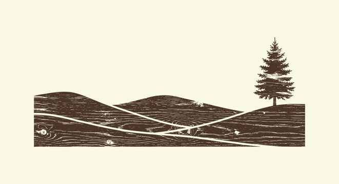 Minimalist Vintage Woodcut Spruce Tree Landscape with Textured Rolling Hills and Rustic Art Decor