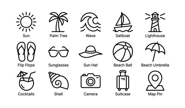 Beach and travel icons displayed in grid on white background