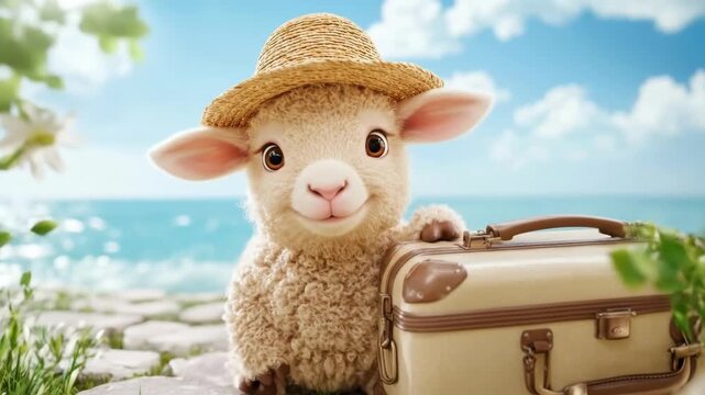 Cute baby lamb animal wearing straw hat and standing next to suitcase on summer day vacation trip concept, travel theme graphic element for greeting card or nursery print