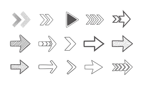 Collection of fifteen diverse arrow with varied textures and styles symbol direction