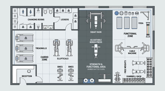 Gym floor plan with changing rooms, cardio zone, squat rack, functional zone, and free weights area