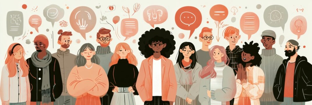 Diverse group of people stands together, expressing various communication styles through speech bubbles. This scene highlights neurodiversity at work.