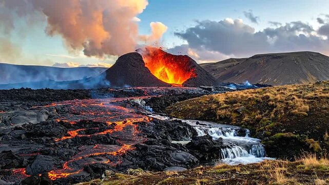 A scenic view of a volcanic eruption with flowing lava and a beautiful landscape setting