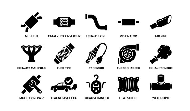 Exhaust system and muffler icons arranged on white background