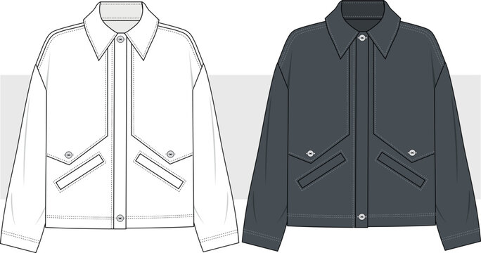 Unisex utility Jacket, workers jacket fashion technical drawing illustration, vector. front view, men women casual jacket. cad, mockup.