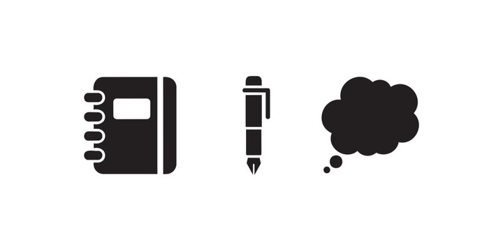 Set of 3 glyph icons related to journaling and writing. 
Solid icon collection. Vector illustration