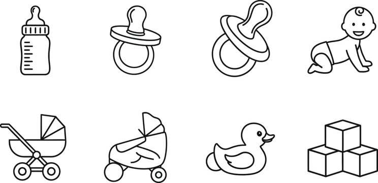 Baby including bottle, pacifiers, baby blocks, stroller, and rubber duck baby bottle infant