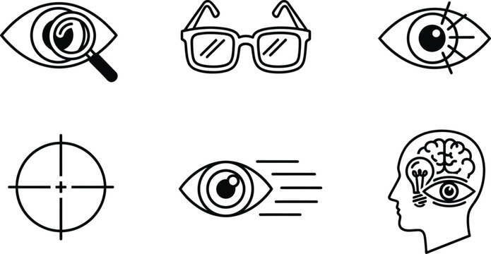 Black and white eye vision symbols, and head glasses magnifying glass target