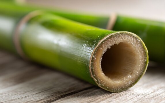 Close-Up of Hollow Interior of Green Bamboo Stem on Wooden Surface