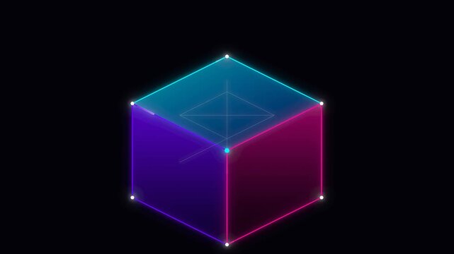 Abstract glowing cube with neon edges and grid lines representing technology and data isolated on a dark background