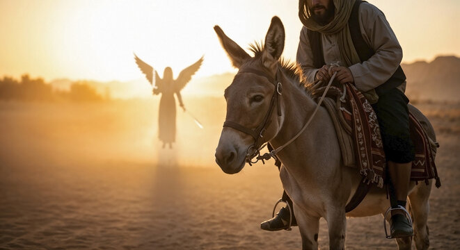 Inspired Balaam and Donkey depiction on dusty desert path with angelic figure in background. Balaam and Donkey journey shows man riding faithful donkey through harsh, golden hour landscape.