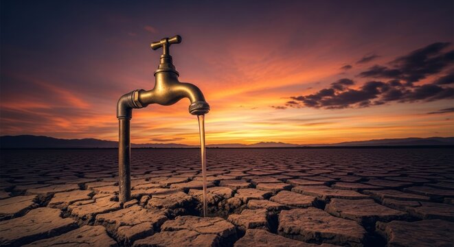 Drought stricken cracked earth with dripping faucet at sunset.