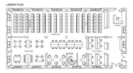 Architectural floor plan of a modern library interior © S.Siam