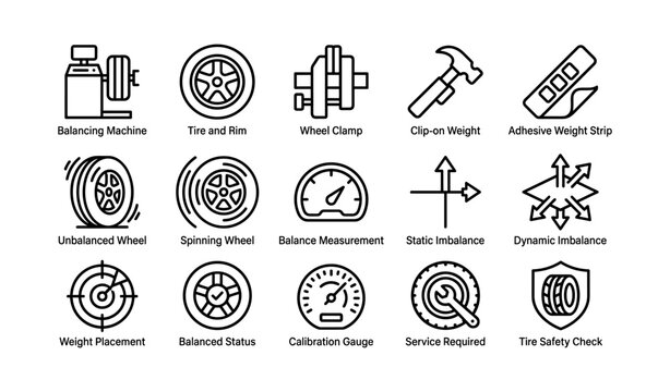 Wheel balancing and tire service icons showing tools and diagnostics