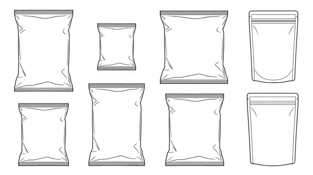 Blank Plastic Packaging Pouch Collection with Snack Bag and Zip Lock Mockup Templates for Product Branding and Package Design Vector Illustration