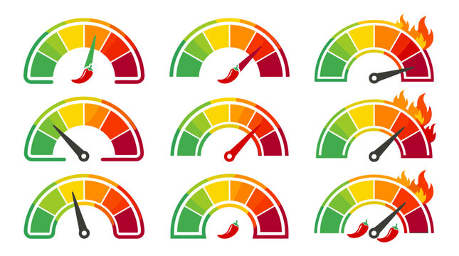 Performance Speedometer Gauge Icon Collection with High Level Meter Indicators for Dashboard Analytics, Rating Systems, and Performance Monitoring Vector Design