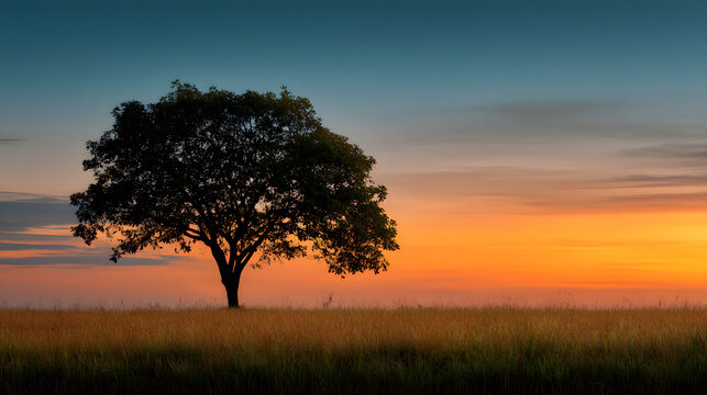Single tree silhouette against soft gradient sunset sky in minimalist composition 