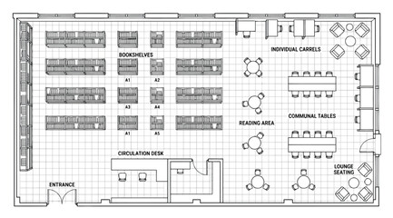 Detailed floor plan layout of a library interior © S.Siam