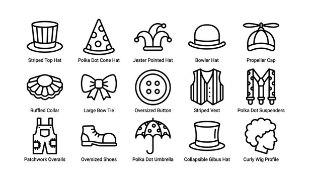 Collection of clown and costume accessories icons in grid
