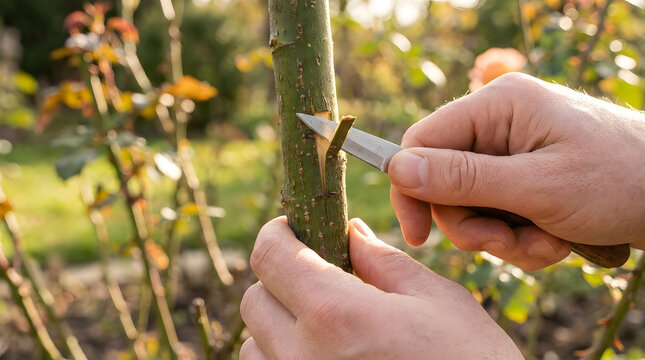 how to graft roses in the garden |closeup of gardener grafting plant stem| professional rose budding technique| gardener hands using grafting knife