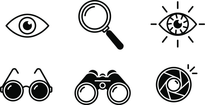 Black and white of eyes, glasses, binoculars, magnifying glass, and camera lenses