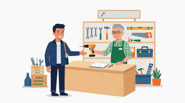 Customer buys a drill from shopkeeper in hardware store illustration vector style