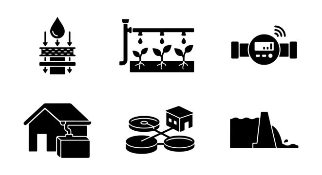 Smart Water Management Icons: Irrigation, Filtration, Metering, Infrastructure, Wastewater, Dam