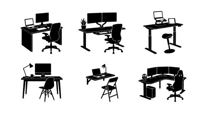 Modern Home Office Workstation Silhouettes, Ergonomic Desks & Computer Setups, Minimalist Vector Icons for Remote Work