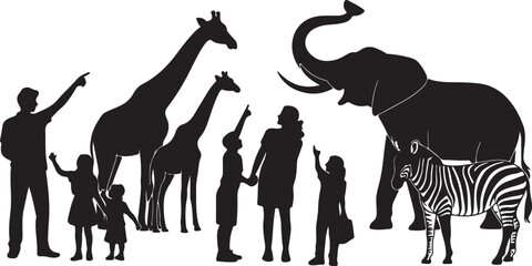 Cartoon zoo illustration with children holding map, cute safari animals and directional wooden signs, kids visiting wildlife park vector © Israt