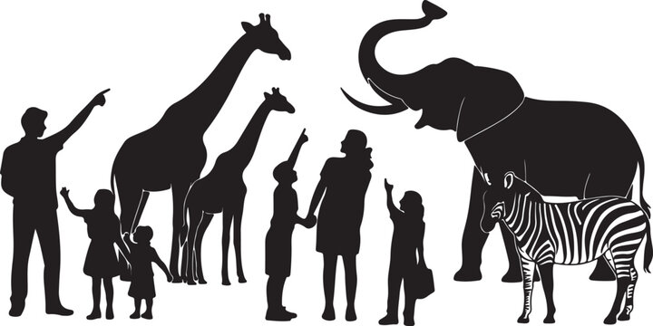 Cartoon zoo illustration with children holding map, cute safari animals and directional wooden signs, kids visiting wildlife park vector