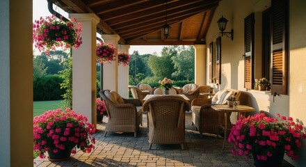Fototapeta premium Inviting Outdoor Patio with Wicker Furniture and Blooming Flowers.