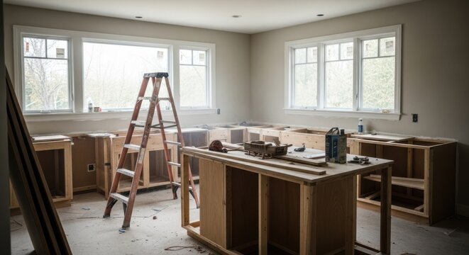 Kitchen Under Construction with Cabinets and Ladder.