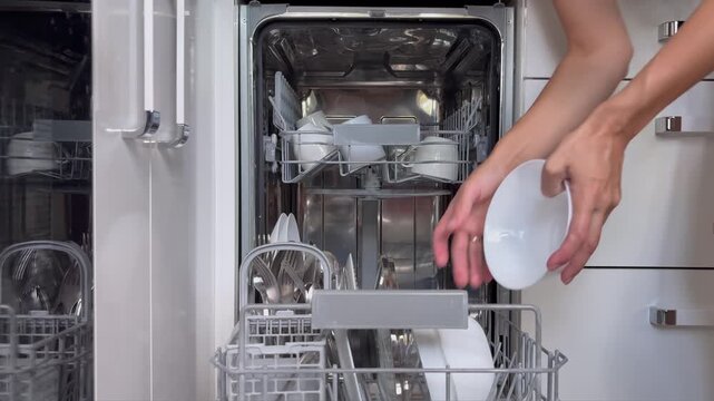 A woman's hands take clean ceramic plates out of a built-in dishwasher in the kitchen