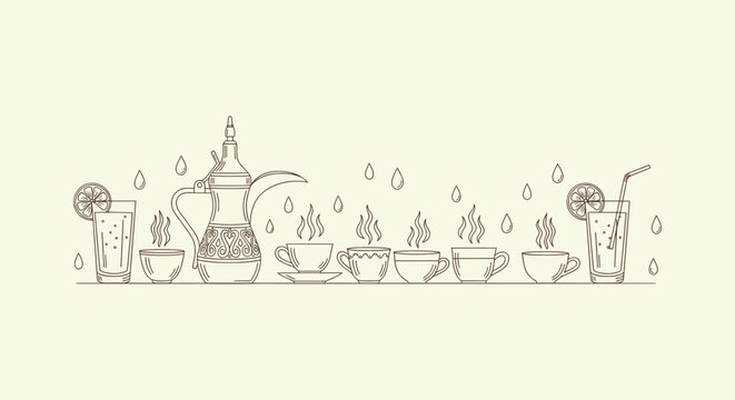 Minimalist line art illustration of traditional Arabic coffee dallah and various beverage cups and juice.