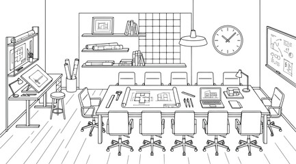 Obraz premium Architectural office meeting room with drafting table and blueprints