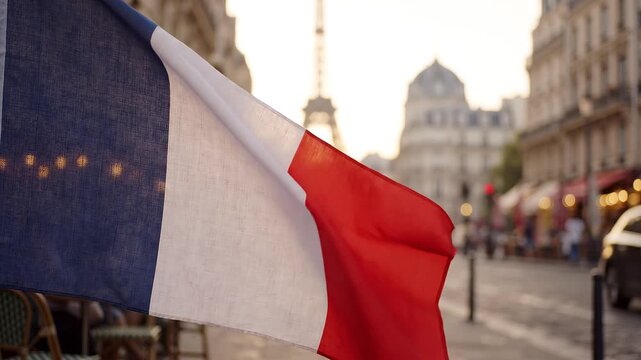 Waving French Flag over Parisian Street with Cafe