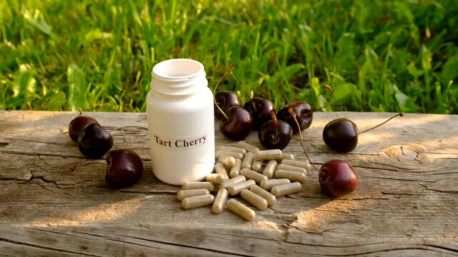 Cherry extract in supplements. Selective focus.