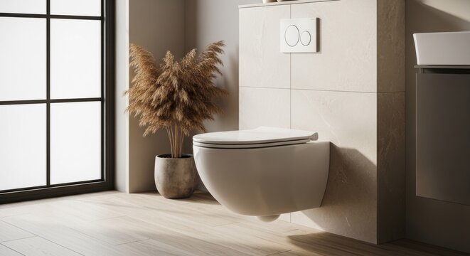 Modern WallHung Toilet with Natural Light and Plant Decor.
