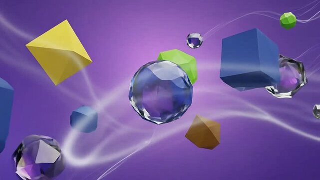 Abstract geometric shapes of different colors floating on a gradient purple background