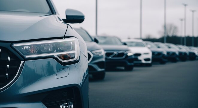 Row of New Cars Lined Up in a Dealership Lot.