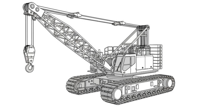 Line art of a large crawler crane with hook