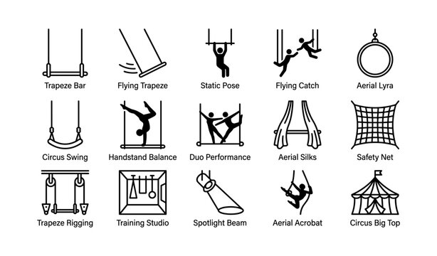 Trapeze and aerial circus icons on white background