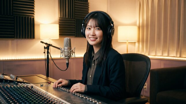 Smiling young Japanese woman professional working at a mixing console in a professional recording studio, podcaster or radio host