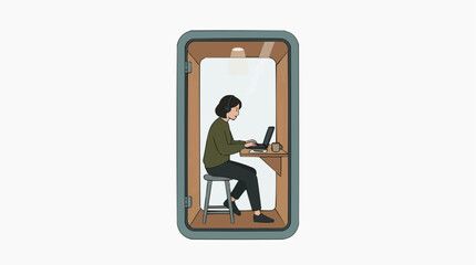 Fototapeta premium Person working on laptop in a soundproof booth wearing headphones, focused and productive vector style