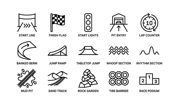 Race track feature icons shown in black outline grid layout