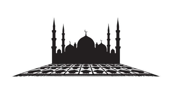 Mosque silhouette with prayer rug. islamic worship place architecture on white background.