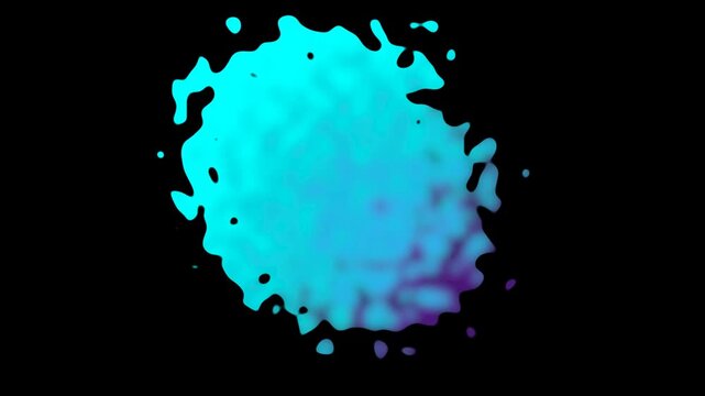 Abstract cyan and purple gradient splash liquid ink blot effect with organic shape isolated on black background for design elements