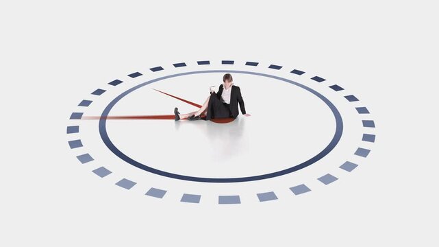 Businesswoman sitting inside clock face with red hands in minimalist stop motion scene. Concept of time pressure, deadline stress, waiting, work pause and business planning animation.