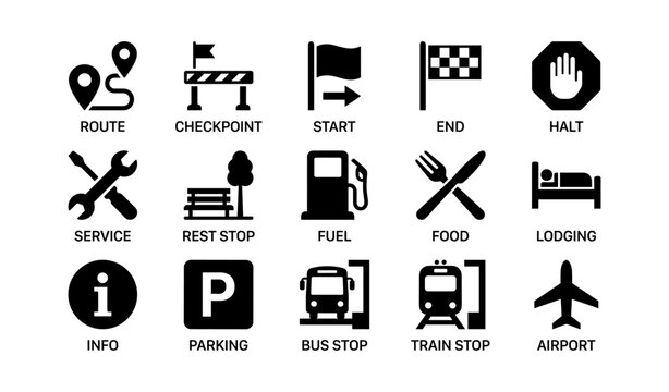 Navigation and service icons showing route and facilities