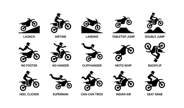 Motorcycle stunt icons showing jumps and tricks on white background